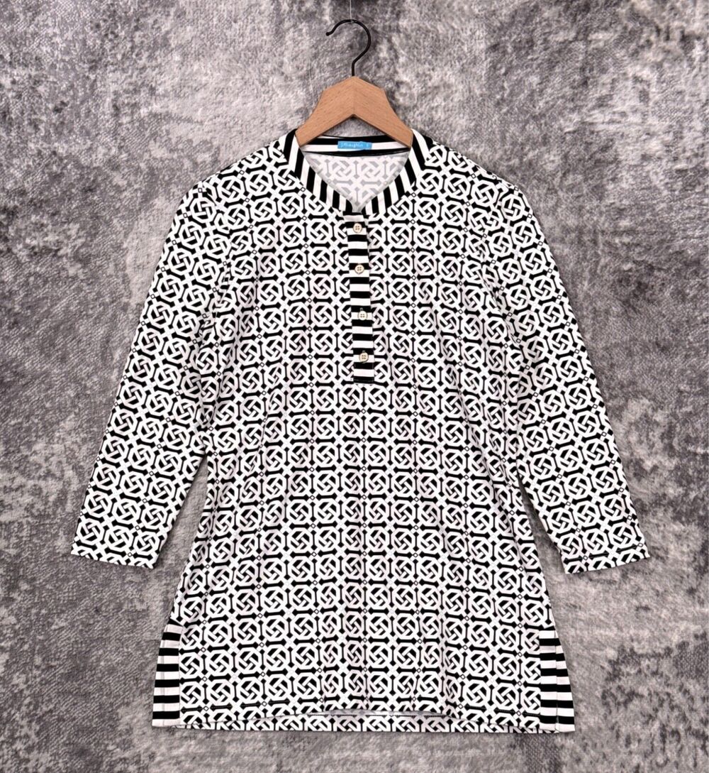 Vintage J McLaughlin Top Small Womens Catalina Cloth Black Geometric Blouse